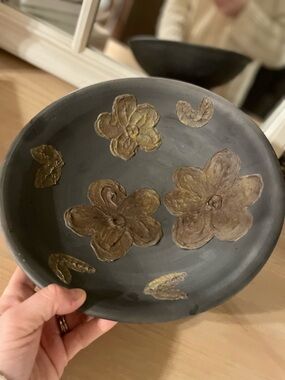 Studio pottery handcrafted Black Ceramic Bowl with Floral Accents